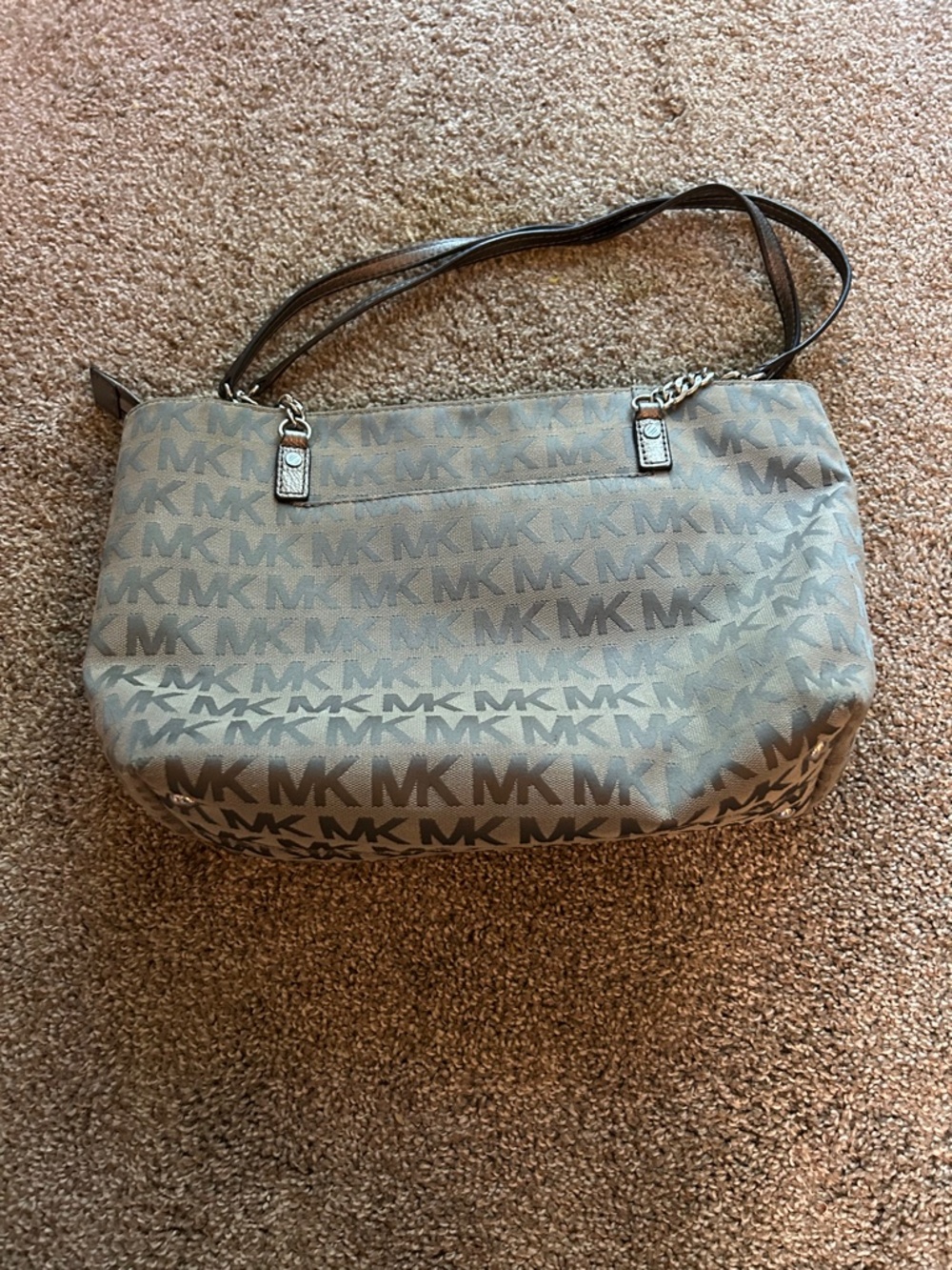 Michael Kors Brown and Tan Monogram Large Tote Bag With Silver Chain Details - Picture 3 of 6